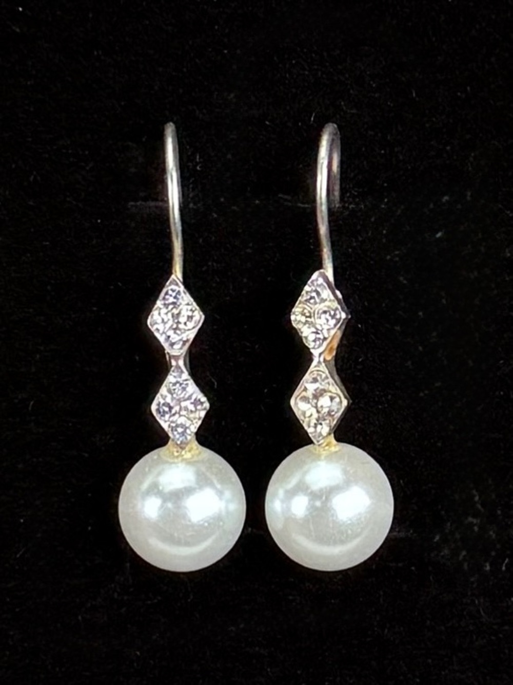 Vintage Classic White Faux Pearl Drop Pierced Earrings with Bling Accents